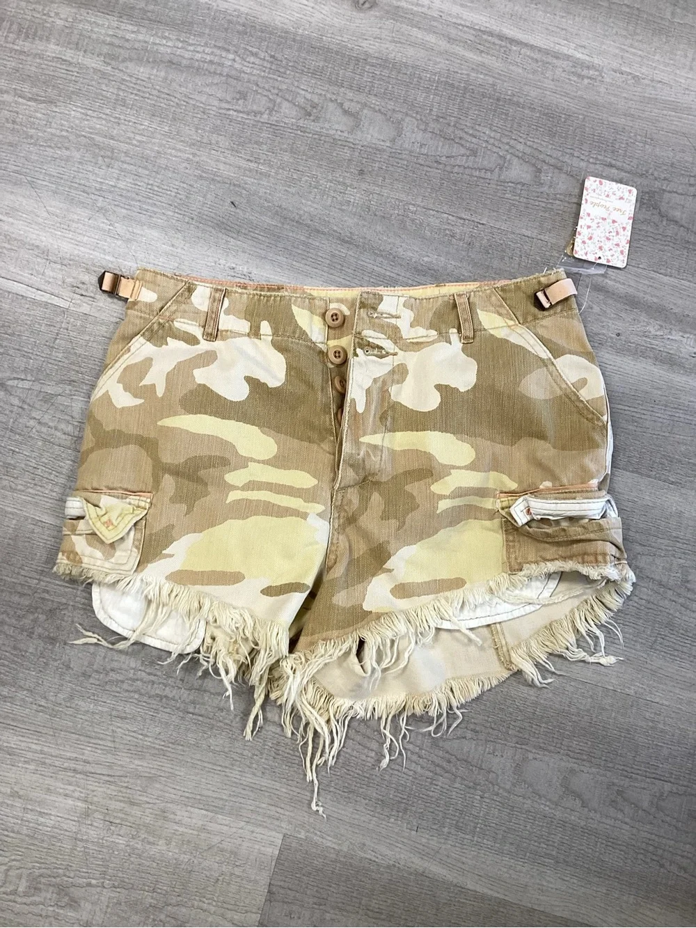 We The Free Desert Camo Frayed Hem Cargo Shorts - Tan